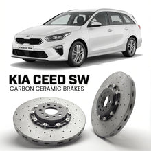 ForzaCCB direct OEM replacement carbon ceramic brake rotors for 2018 to 2021 Kia Cee'd Kia Ceed III Sportswagon models, shown with a white Kia Cee'd car.