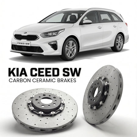 ForzaCCB direct OEM replacement carbon ceramic brake rotors for 2018 to 2021 Kia Cee'd Kia Ceed III Sportswagon models, shown with a white Kia Cee'd car.