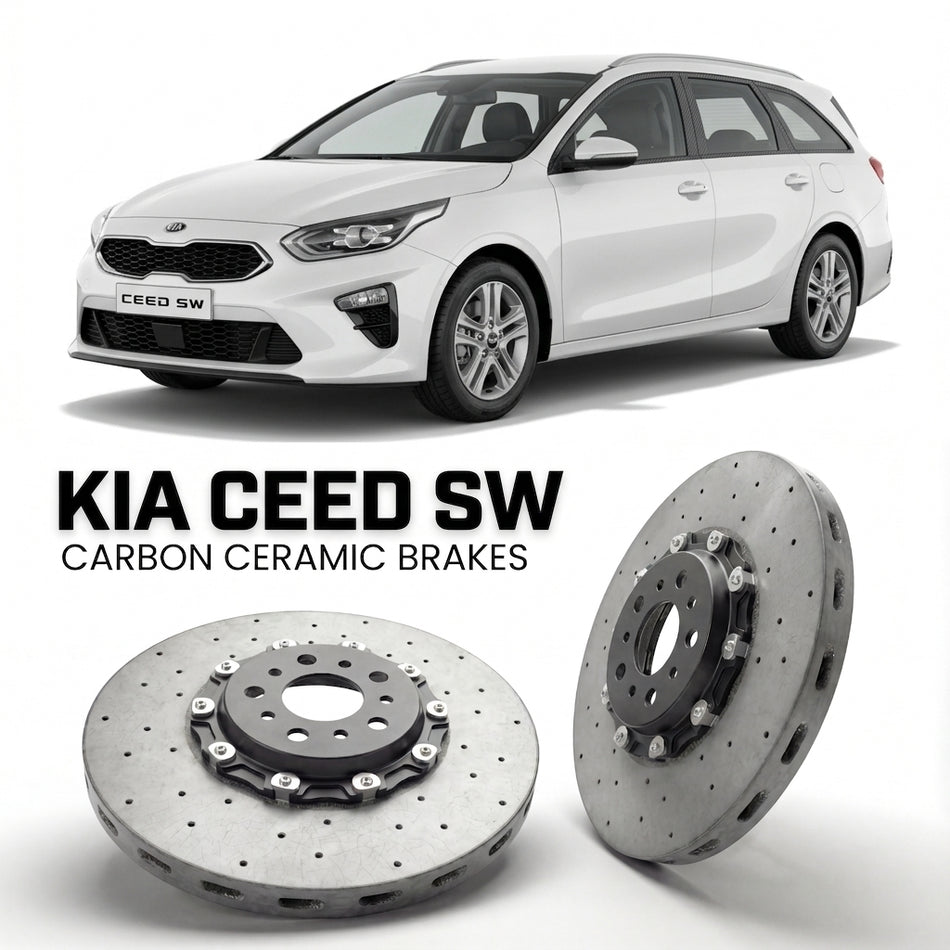 ForzaCCB direct OEM replacement carbon ceramic brake rotors for 2018 to 2021 Kia Cee'd Kia Ceed III Sportswagon models, shown with a white Kia Cee'd car.