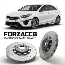 ForzaCCB direct OEM replacement carbon ceramic brake rotors for 2021+) Kia Cee'd Kia Ceed III (facelift 2021 models, shown with a white Kia Cee'd car.