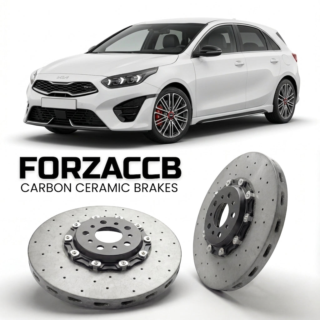 ForzaCCB direct OEM replacement carbon ceramic brake rotors for 2021+) Kia Cee'd Kia Ceed III (facelift 2021 models, shown with a white Kia Cee'd car.