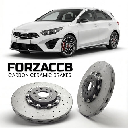 ForzaCCB direct OEM replacement carbon ceramic brake rotors for 2021+) Kia Cee'd Kia Ceed III (facelift 2021 models, shown with a white Kia Cee'd car.