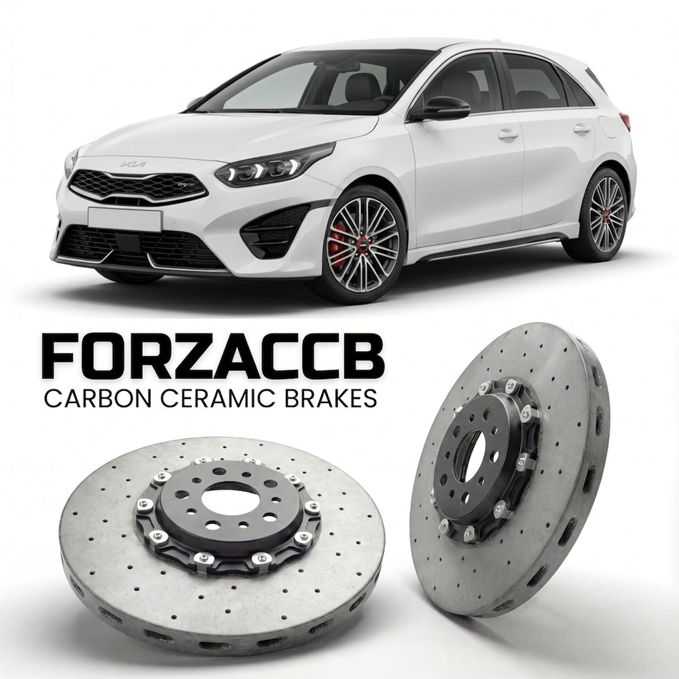 ForzaCCB direct OEM replacement carbon ceramic brake rotors for 2021+) Kia Cee'd Kia Ceed III (facelift 2021 models, shown with a white Kia Cee'd car.