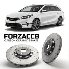 ForzaCCB direct OEM replacement carbon ceramic brake rotors for 2021+) Kia Cee'd Kia Ceed III Sportswagon (facelift 2021 models, shown with a white Kia Cee'd car.