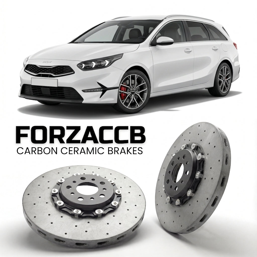 ForzaCCB direct OEM replacement carbon ceramic brake rotors for 2021+) Kia Cee'd Kia Ceed III Sportswagon (facelift 2021 models, shown with a white Kia Cee'd car.