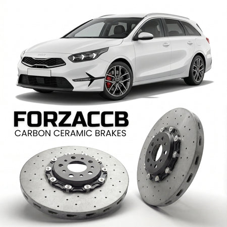 ForzaCCB direct OEM replacement carbon ceramic brake rotors for 2021+) Kia Cee'd Kia Ceed III Sportswagon (facelift 2021 models, shown with a white Kia Cee'd car.