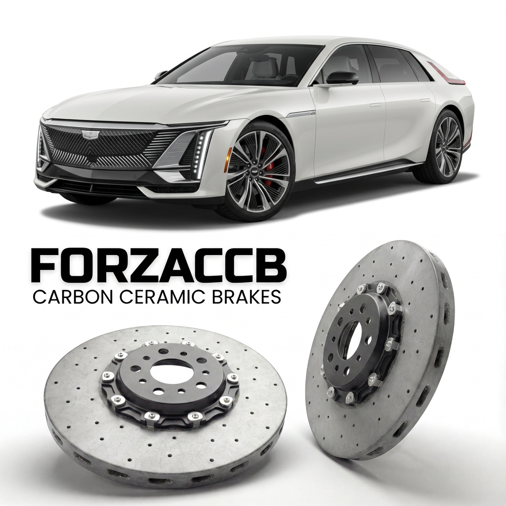 ForzaCCB direct OEM replacement carbon ceramic brake rotors for 2024 and newer Cadillac CELESTIQ models, shown with a white Cadillac CELESTIQ car.