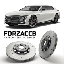 ForzaCCB direct OEM replacement carbon ceramic brake rotors for 2024 and newer Cadillac CELESTIQ models, shown with a white Cadillac CELESTIQ car.