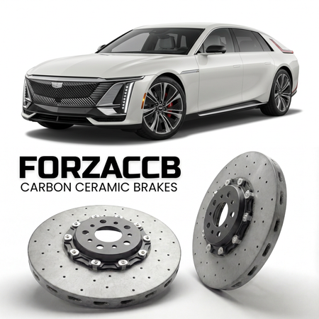 ForzaCCB direct OEM replacement carbon ceramic brake rotors for 2024 and newer Cadillac CELESTIQ models, shown with a white Cadillac CELESTIQ car.
