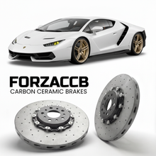 ForzaCCB direct OEM replacement carbon ceramic brake rotors for 2016 to 2017 Lamborghini Centenario models, shown with a white Lamborghini Centenario car.