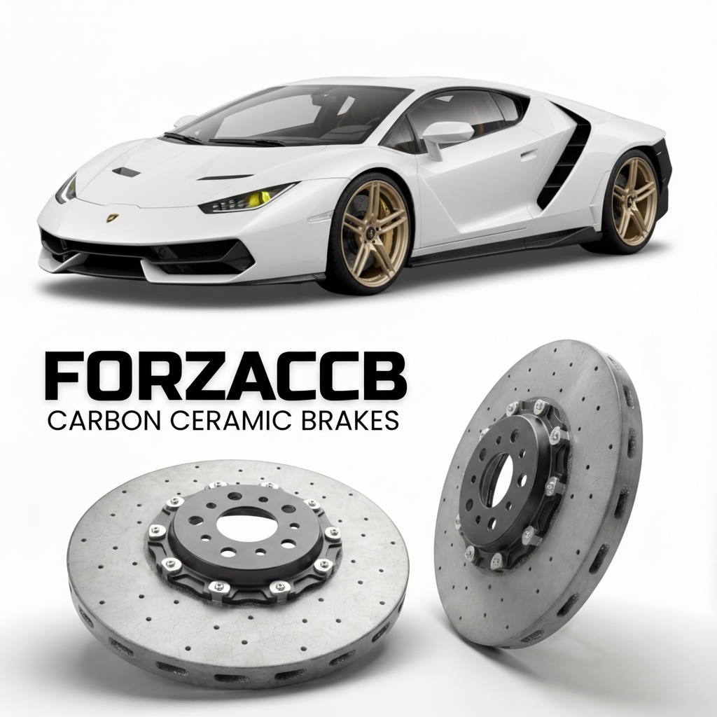 ForzaCCB direct OEM replacement carbon ceramic brake rotors for 2016 to 2017 Lamborghini Centenario models, shown with a white Lamborghini Centenario car.