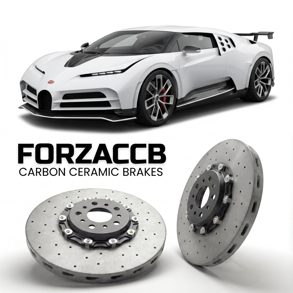 ForzaCCB direct OEM replacement carbon ceramic brake rotors for 2022 to 2022 Bugatti Centodieci models, shown with a white Bugatti Centodieci car.