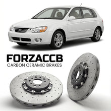 ForzaCCB direct OEM replacement carbon ceramic brake rotors for 2005 to 2006 Kia Cerato I Hatchback models, shown with a white Kia Cerato car.