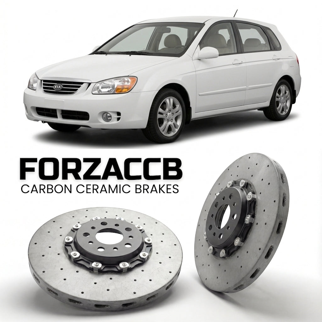 ForzaCCB direct OEM replacement carbon ceramic brake rotors for 2005 to 2006 Kia Cerato I Hatchback models, shown with a white Kia Cerato car.