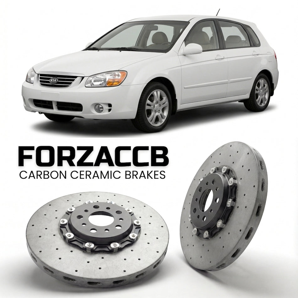 ForzaCCB direct OEM replacement carbon ceramic brake rotors for 2005 to 2006 Kia Cerato I Hatchback models, shown with a white Kia Cerato car.