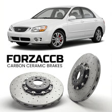 ForzaCCB direct OEM replacement carbon ceramic brake rotors for 2005 to 2006 Kia Cerato I Sedan models, shown with a white Kia Cerato car.