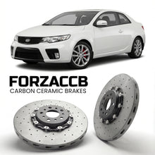 ForzaCCB direct OEM replacement carbon ceramic brake rotors for 2009 to 2012 Kia Cerato II Koup models, shown with a white Kia Cerato car.