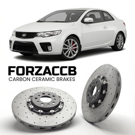 ForzaCCB direct OEM replacement carbon ceramic brake rotors for 2009 to 2012 Kia Cerato II Koup models, shown with a white Kia Cerato car.