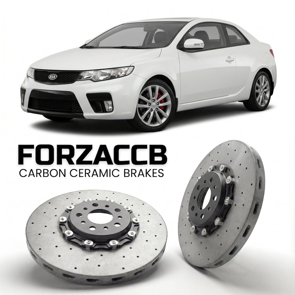 ForzaCCB direct OEM replacement carbon ceramic brake rotors for 2009 to 2012 Kia Cerato II Koup models, shown with a white Kia Cerato car.