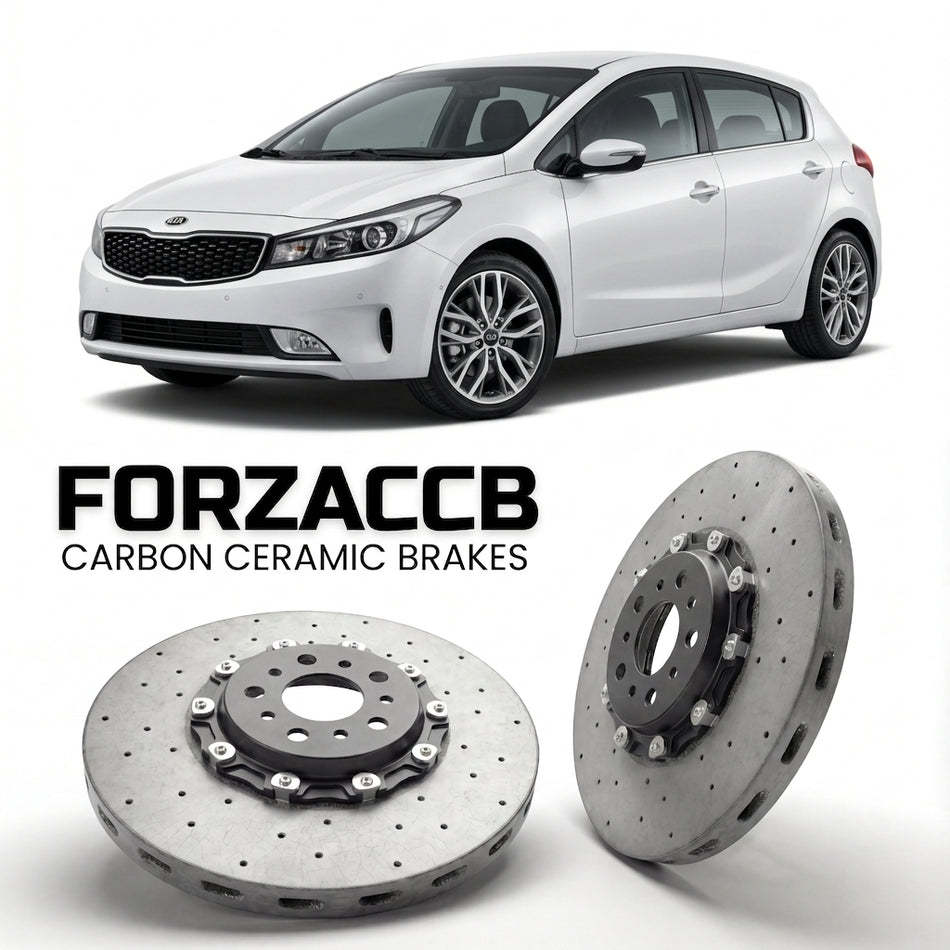 ForzaCCB direct OEM replacement carbon ceramic brake rotors for 2012 to 2016 Kia Cerato III Hatchback models, shown with a white Kia Cerato car.