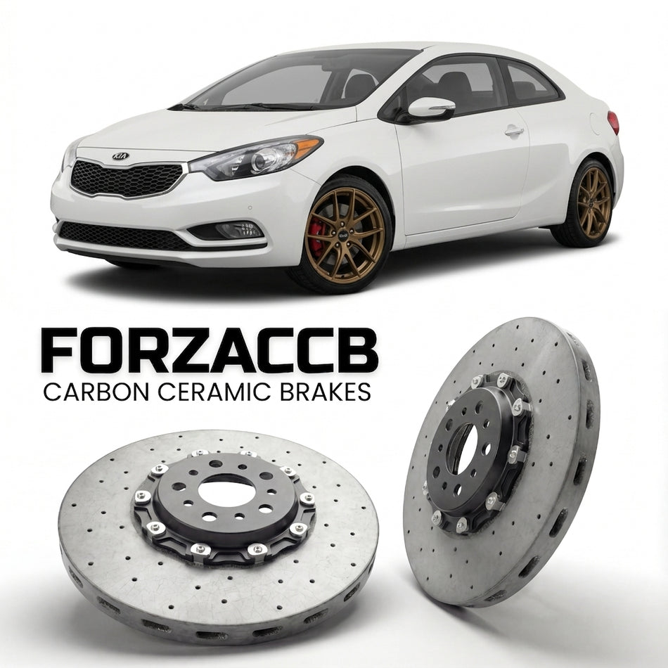 ForzaCCB direct OEM replacement carbon ceramic brake rotors for 2012 to 2016 Kia Cerato III Koup models, shown with a white Kia Cerato car.