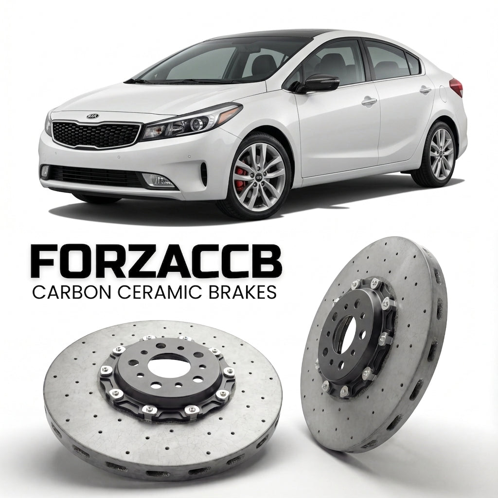 ForzaCCB direct OEM replacement carbon ceramic brake rotors for 2012 to 2016 Kia Cerato III Sedan models, shown with a white Kia Cerato car.