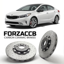 ForzaCCB direct OEM replacement carbon ceramic brake rotors for 2012 to 2016 Kia Cerato III Sedan models, shown with a white Kia Cerato car.