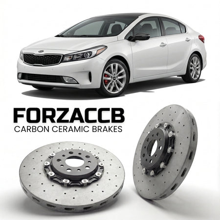 ForzaCCB direct OEM replacement carbon ceramic brake rotors for 2012 to 2016 Kia Cerato III Sedan models, shown with a white Kia Cerato car.