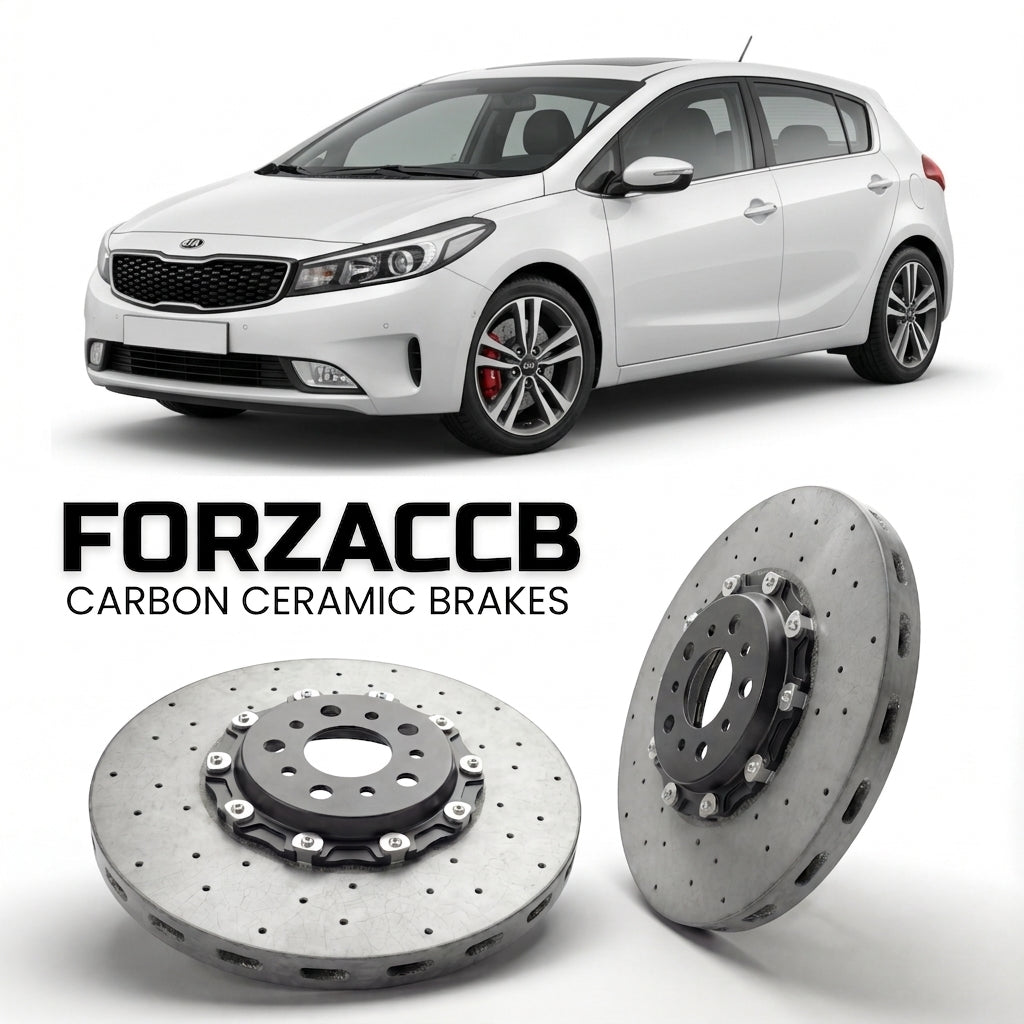ForzaCCB direct OEM replacement carbon ceramic brake rotors for 2016-2018) Kia Cerato III Hatchback (facelift 2016 models, shown with a white Kia Cerato car.
