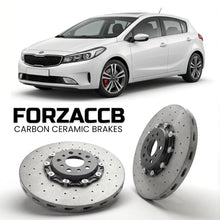 ForzaCCB direct OEM replacement carbon ceramic brake rotors for 2016-2018) Kia Cerato III Hatchback (facelift 2016 models, shown with a white Kia Cerato car.