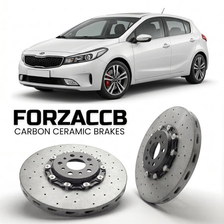 ForzaCCB direct OEM replacement carbon ceramic brake rotors for 2016-2018) Kia Cerato III Hatchback (facelift 2016 models, shown with a white Kia Cerato car.