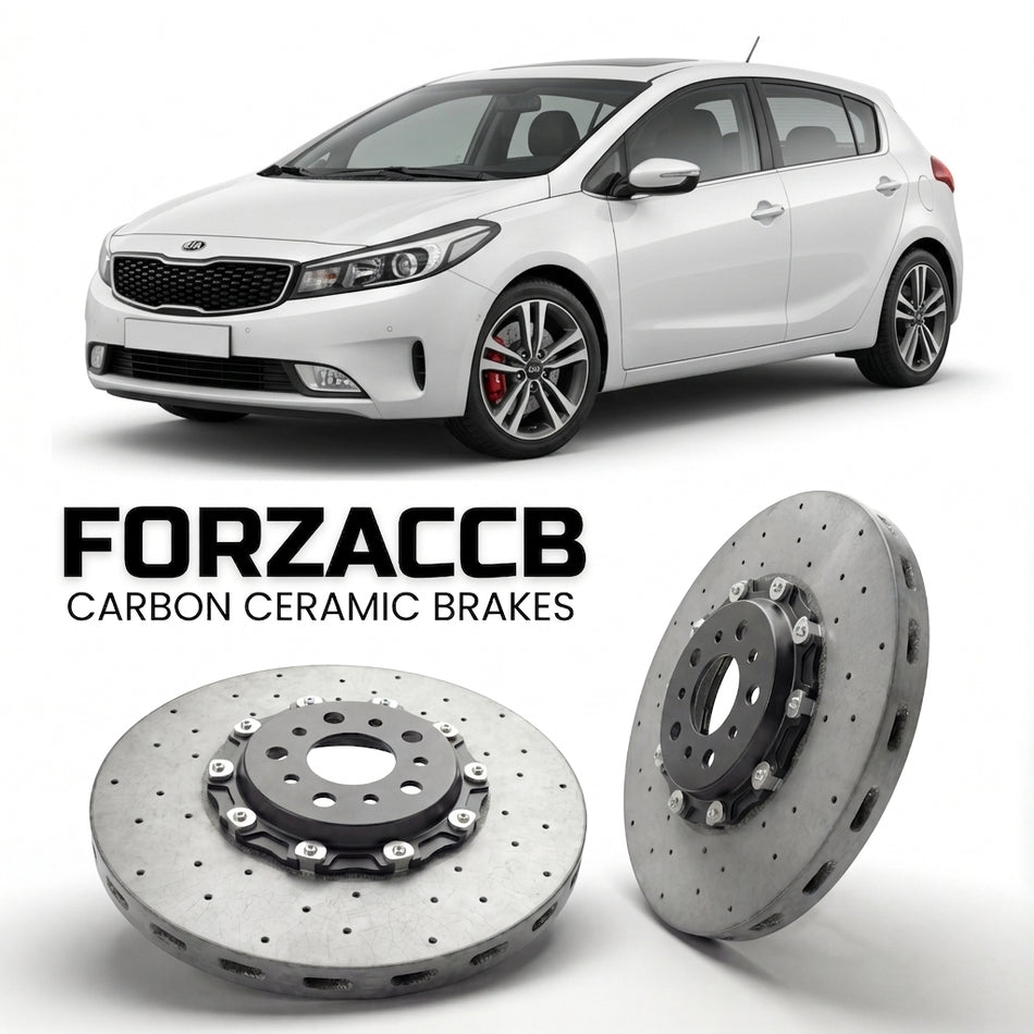 ForzaCCB direct OEM replacement carbon ceramic brake rotors for 2016-2018) Kia Cerato III Hatchback (facelift 2016 models, shown with a white Kia Cerato car.