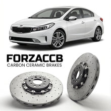 ForzaCCB direct OEM replacement carbon ceramic brake rotors for 2016-2018) Kia Cerato III Sedan (facelift 2016 models, shown with a white Kia Cerato car.