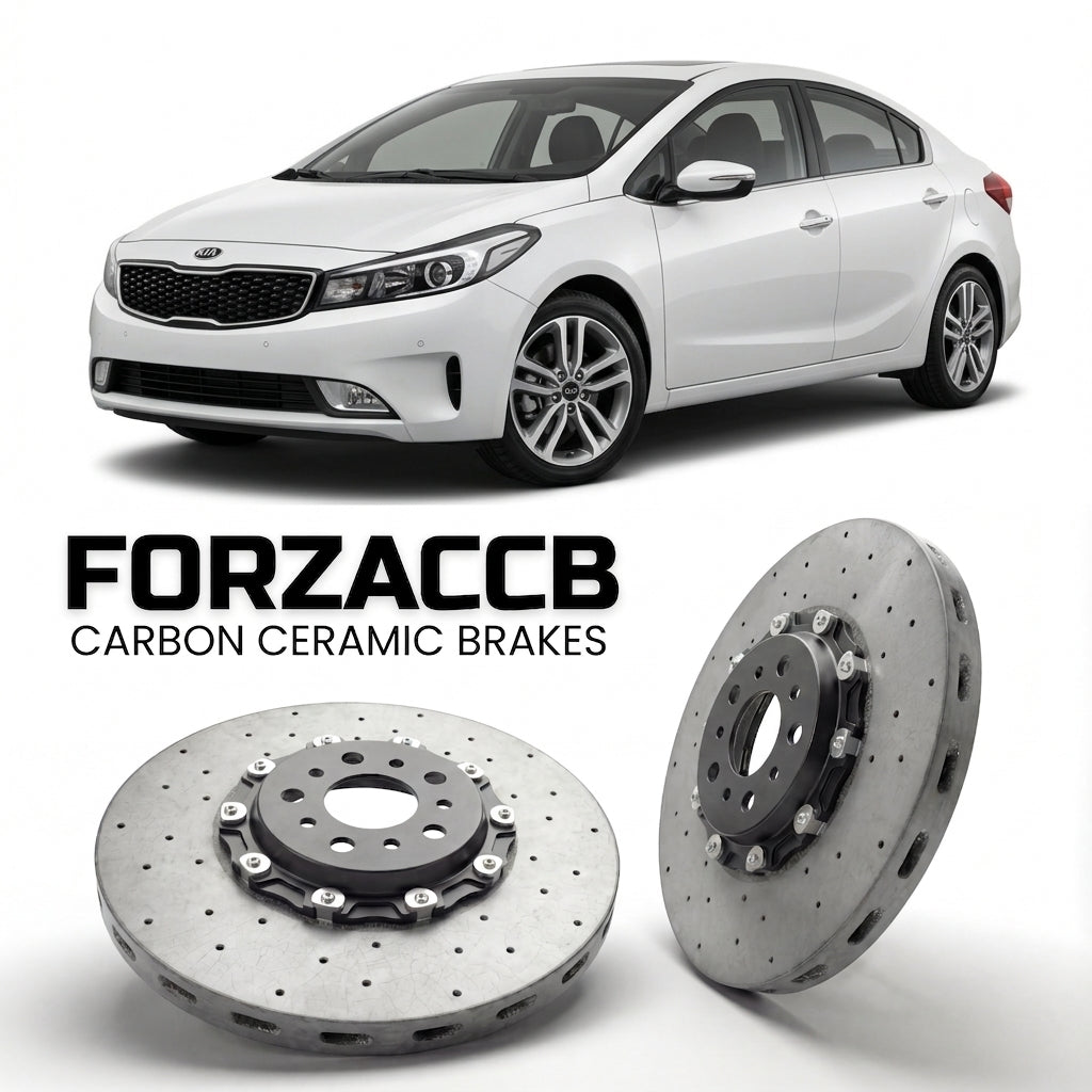 ForzaCCB direct OEM replacement carbon ceramic brake rotors for 2016-2018) Kia Cerato III Sedan (facelift 2016 models, shown with a white Kia Cerato car.