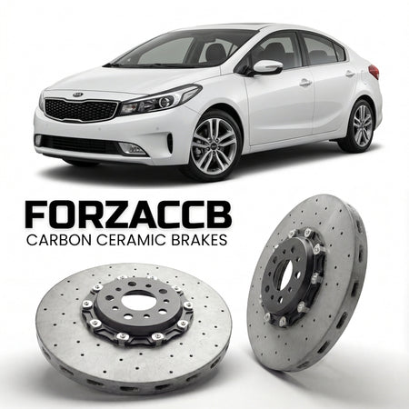 ForzaCCB direct OEM replacement carbon ceramic brake rotors for 2016-2018) Kia Cerato III Sedan (facelift 2016 models, shown with a white Kia Cerato car.