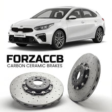 ForzaCCB direct OEM replacement carbon ceramic brake rotors for 2018 to 2021 Kia Cerato IV Hatchback models, shown with a white Kia Cerato car.