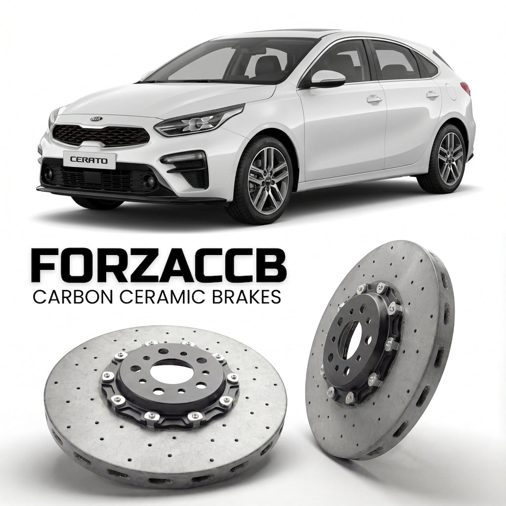ForzaCCB direct OEM replacement carbon ceramic brake rotors for 2018 to 2021 Kia Cerato IV Hatchback models, shown with a white Kia Cerato car.