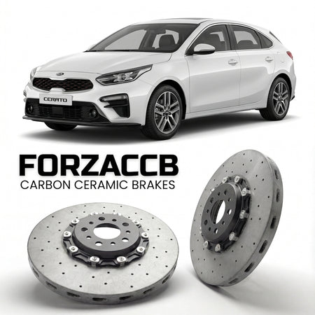 ForzaCCB direct OEM replacement carbon ceramic brake rotors for 2018 to 2021 Kia Cerato IV Hatchback models, shown with a white Kia Cerato car.