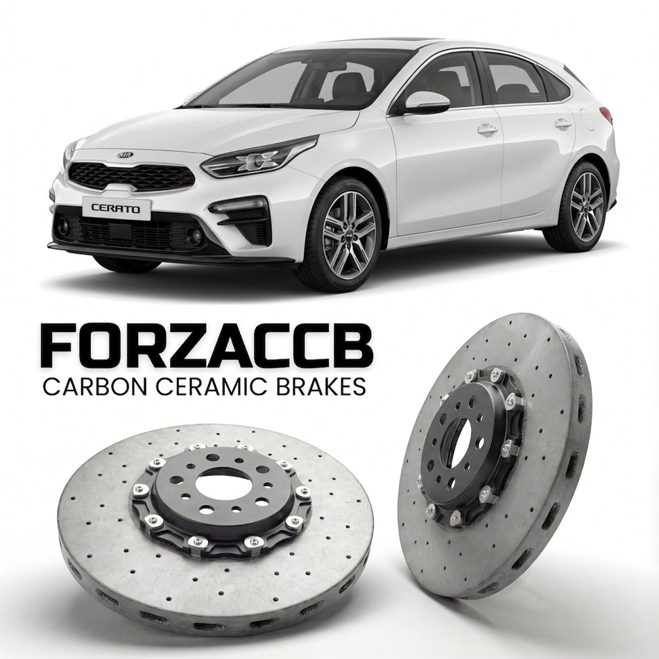 ForzaCCB direct OEM replacement carbon ceramic brake rotors for 2018 to 2021 Kia Cerato IV Hatchback models, shown with a white Kia Cerato car.