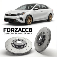 ForzaCCB direct OEM replacement carbon ceramic brake rotors for 2018 to 2021 Kia Cerato IV Sedan models, shown with a white Kia Cerato car.