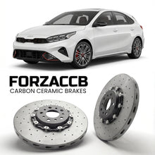 ForzaCCB direct OEM replacement carbon ceramic brake rotors for 2021+) Kia Cerato IV Hatchback (facelift 2021 models, shown with a white Kia Cerato car.