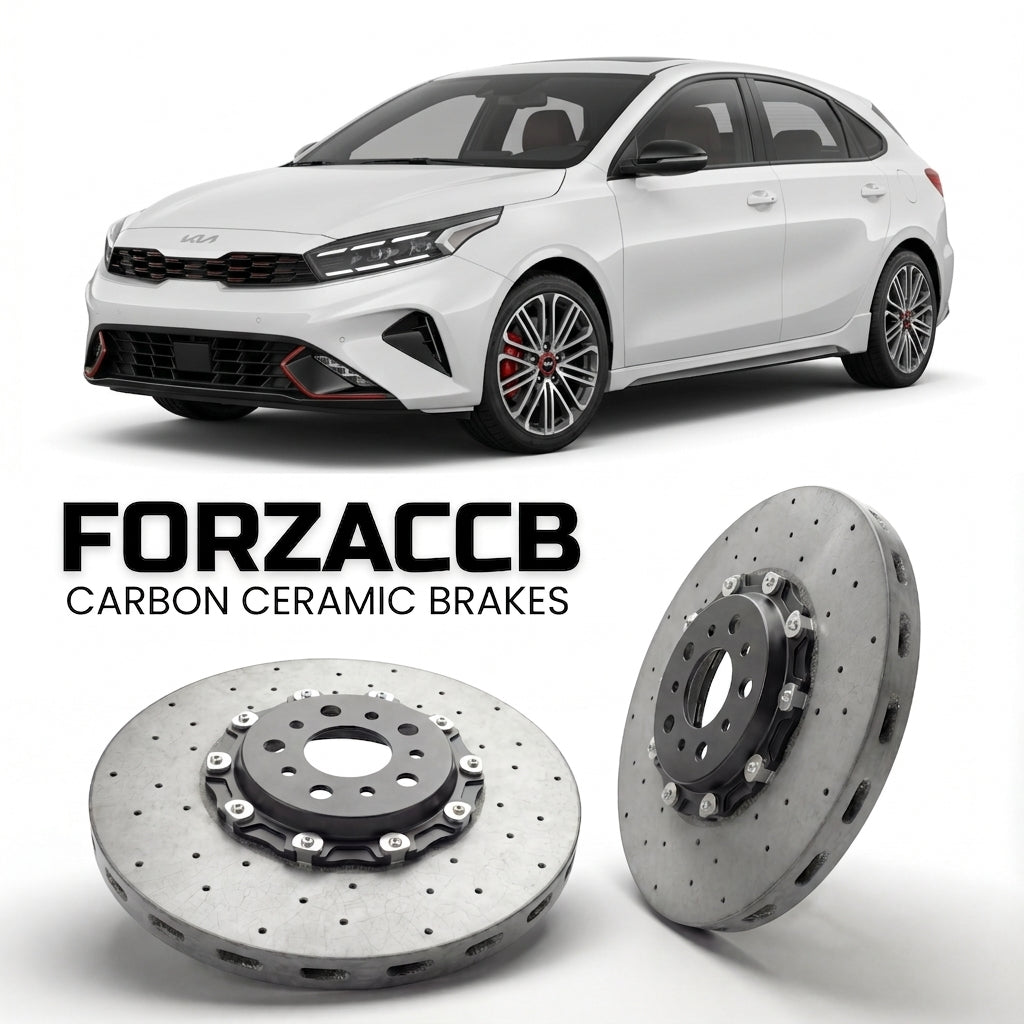 ForzaCCB direct OEM replacement carbon ceramic brake rotors for 2021+) Kia Cerato IV Hatchback (facelift 2021 models, shown with a white Kia Cerato car.