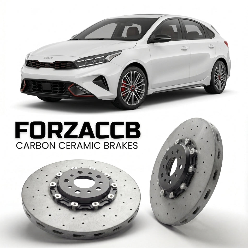 ForzaCCB direct OEM replacement carbon ceramic brake rotors for 2021+) Kia Cerato IV Hatchback (facelift 2021 models, shown with a white Kia Cerato car.