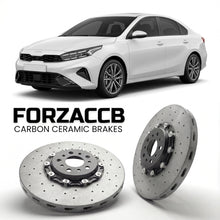 ForzaCCB direct OEM replacement carbon ceramic brake rotors for 2021+) Kia Cerato IV Sedan (facelift 2021 models, shown with a white Kia Cerato car.