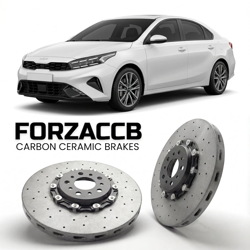 ForzaCCB direct OEM replacement carbon ceramic brake rotors for 2021+) Kia Cerato IV Sedan (facelift 2021 models, shown with a white Kia Cerato car.