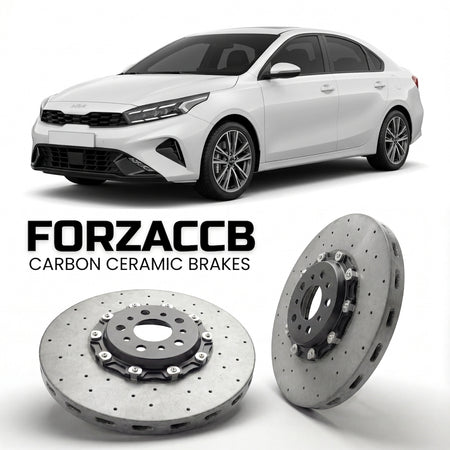 ForzaCCB direct OEM replacement carbon ceramic brake rotors for 2021+) Kia Cerato IV Sedan (facelift 2021 models, shown with a white Kia Cerato car.
