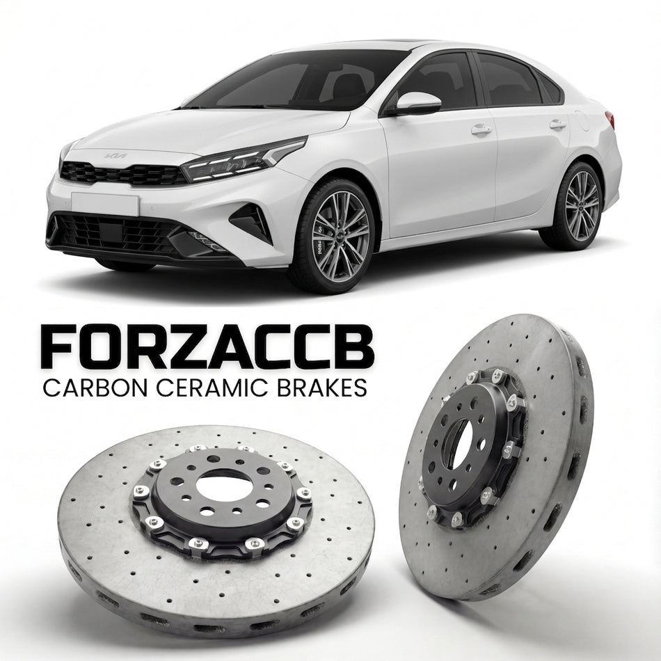 ForzaCCB direct OEM replacement carbon ceramic brake rotors for 2021+) Kia Cerato IV Sedan (facelift 2021 models, shown with a white Kia Cerato car.