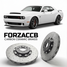 ForzaCCB direct OEM replacement carbon ceramic brake rotors for 2015 to 2019 Dodge Challenger Hellcat models, shown with a white Dodge Challenger Hellcat car.