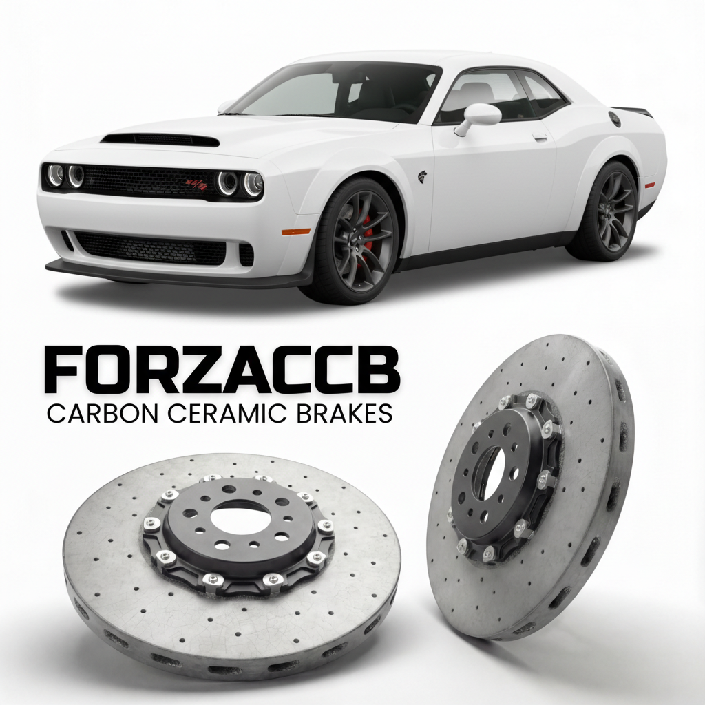 ForzaCCB direct OEM replacement carbon ceramic brake rotors for 2015 to 2019 Dodge Challenger Hellcat models, shown with a white Dodge Challenger Hellcat car.