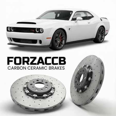 ForzaCCB direct OEM replacement carbon ceramic brake rotors for 2015 to 2019 Dodge Challenger Hellcat models, shown with a white Dodge Challenger Hellcat car.